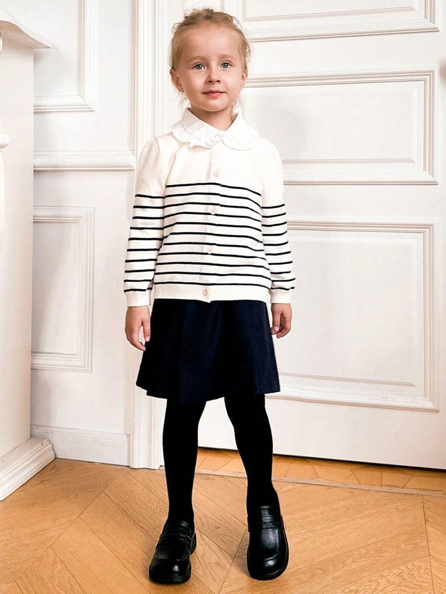 PrepCrw Young Girls Autumn/Winter School Style White & Blue Striped Single-Breasted Loose Long Sleeve Knitted Cardigan Back To School