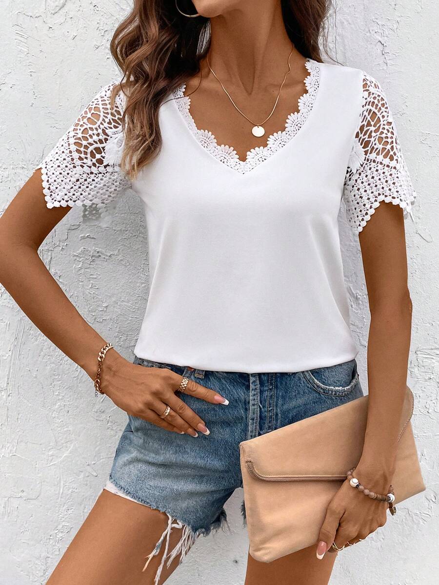 SHEIN LUNE Women Summer V-Neck Hollow Out Lace Insertion Sleeve Casual T-Shirt