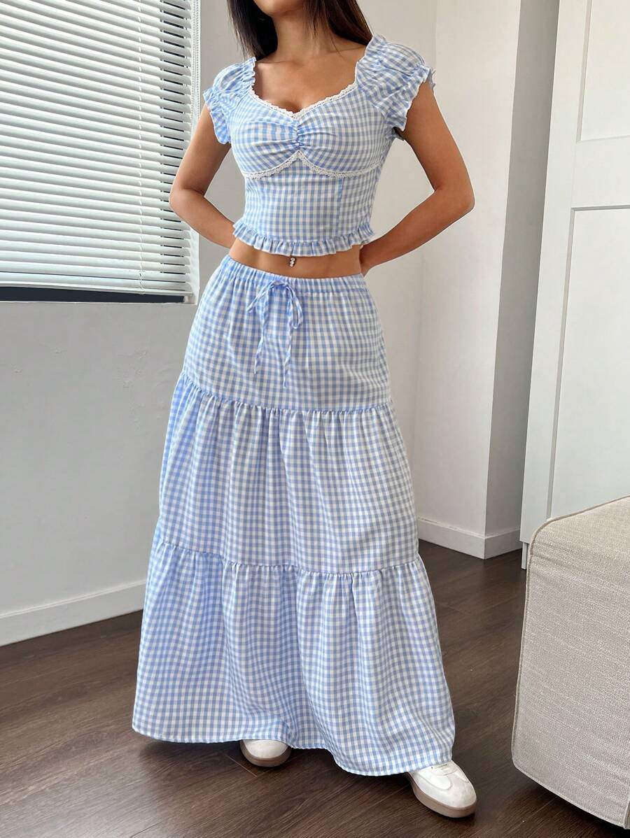 Flirla Ensemble de chemise et mini-jupe à volants en patchwork à carreaux bleu et blanc