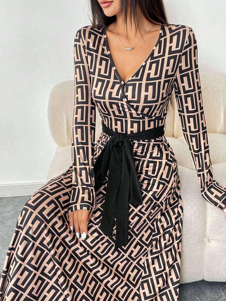 Mulvari Women's Geometric Print V-Neck Long Sleeve Knotted Waist Maxi Casual Arabian Style Modest Dress