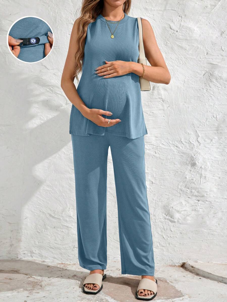 SHEIN 2pcs Maternity Elegant Commuter V-Neck Sleeveless Side Slit Tank Top And Adjustable Waist Straight Leg Pants Suit