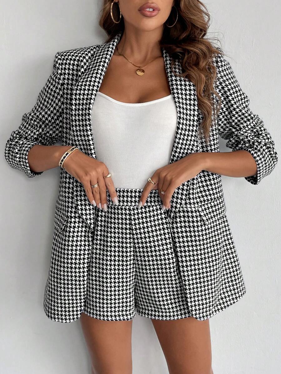Firerie Women's Spring/Fall Houndstooth Print Ruched Collar Half Sleeve Blazer And Shorts Casual Office Suit, Winter, Business Casual, Elegant, Black And White Plaid