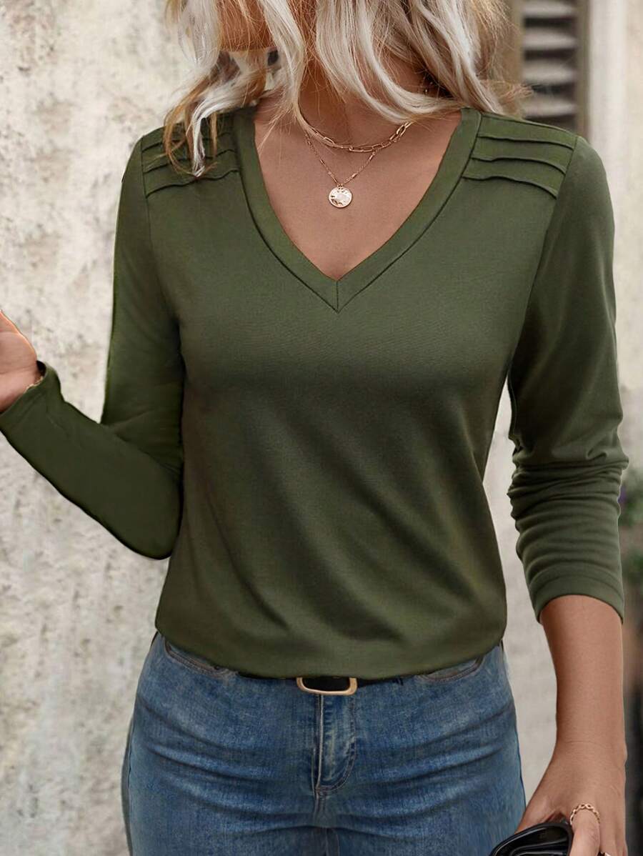 EMERY ROSE Women's V-Neck Long Sleeve Casual T-Shirt, Autumn