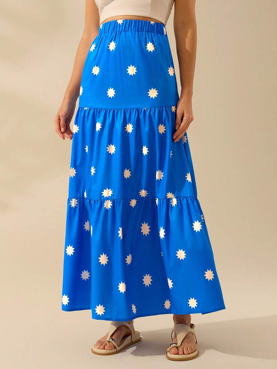 CAJUNI Women's Sun Print, Blue Patchwork Skirt, Summer Skirt For Leisure Beach