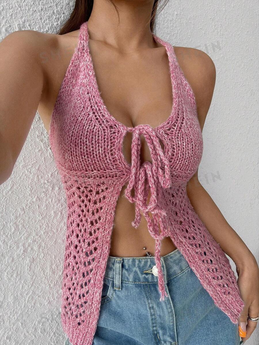 Flirla Blusa casual de punto de unicolor con nudo delantero y calado para mujer