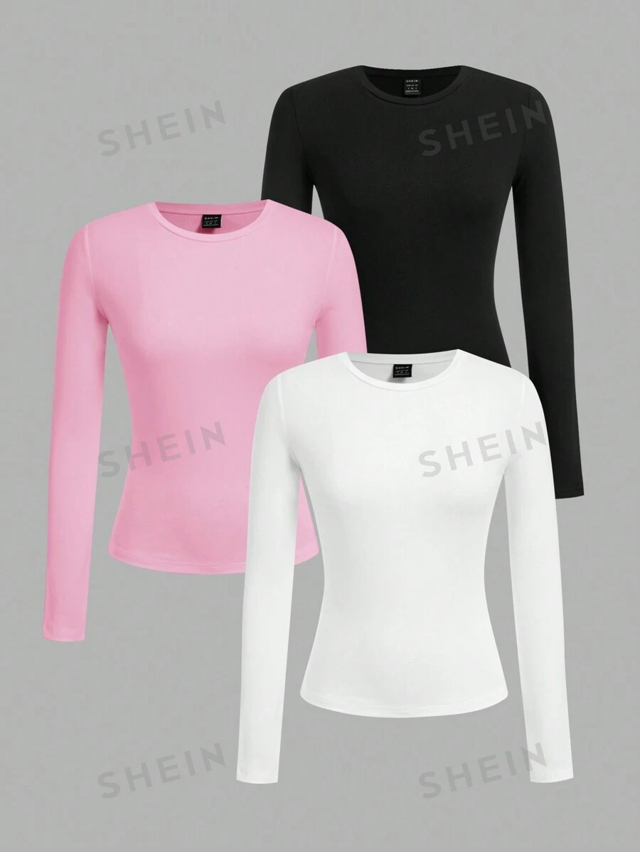 SHEIN EZwear Set de 3 camisetas de manga larga de ajuste casual de cuello redondo y unicolor para mujer de talla grande, camisetas interiores a juego para primavera y otoño
