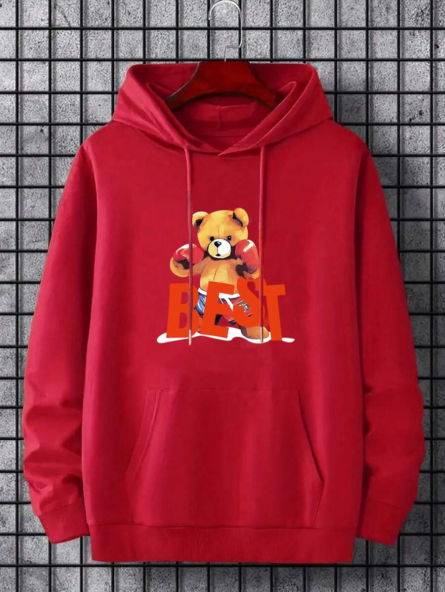 Manfinity EMRG Men Bear Print Kangaroo Pocket Drawstring Hoodie
