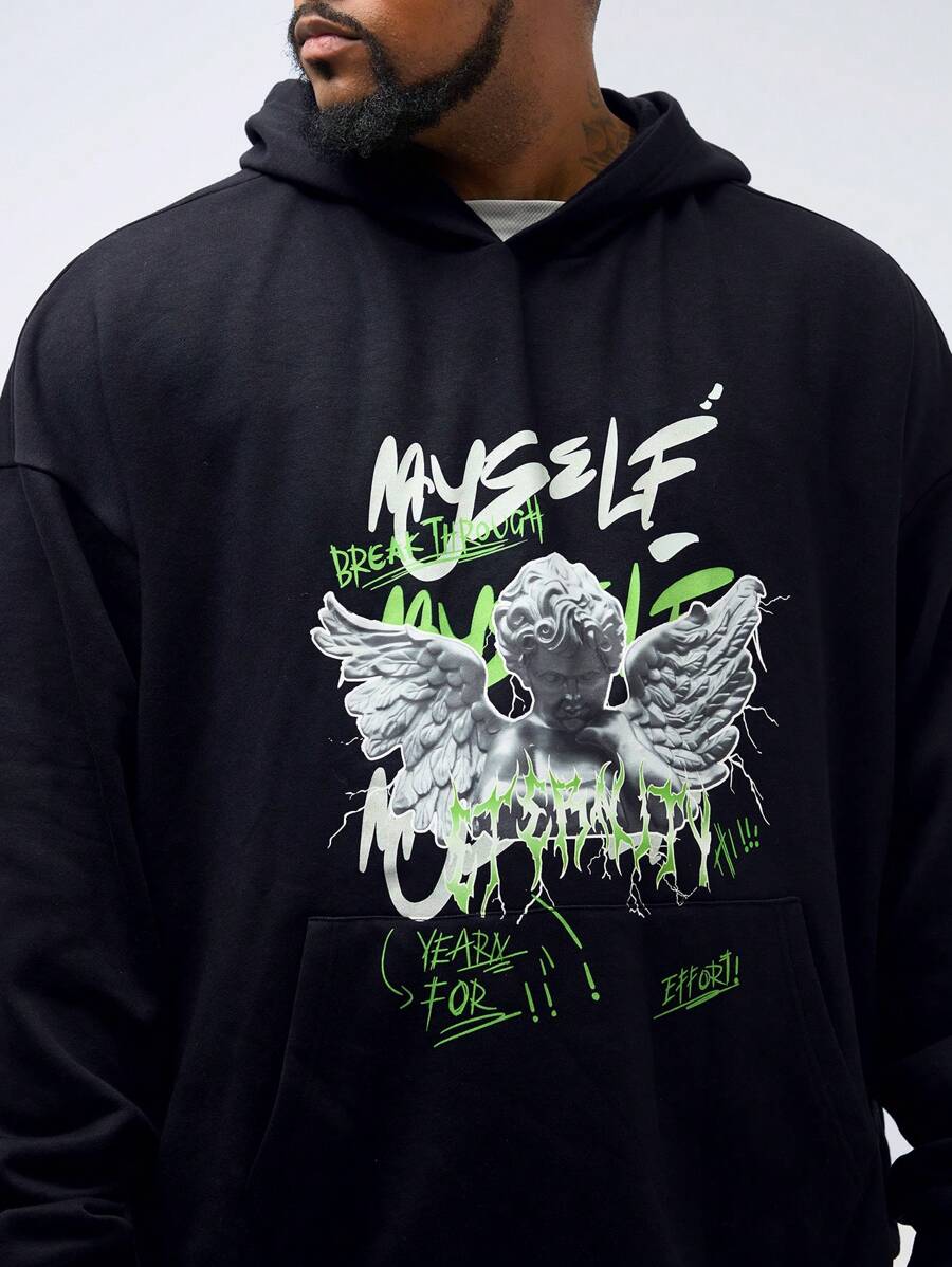 Manfinity VCAY Plus Size 1pc Men's Casual Angel Print Loose Drop Shoulder Hoodie Pullover Suitable For Autumn