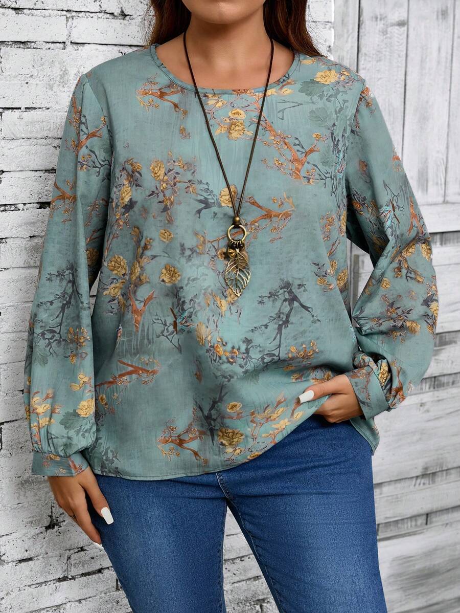 EMERY ROSE Plus Size Women's Round Neck Long Sleeve Allover Print Casual Blouse