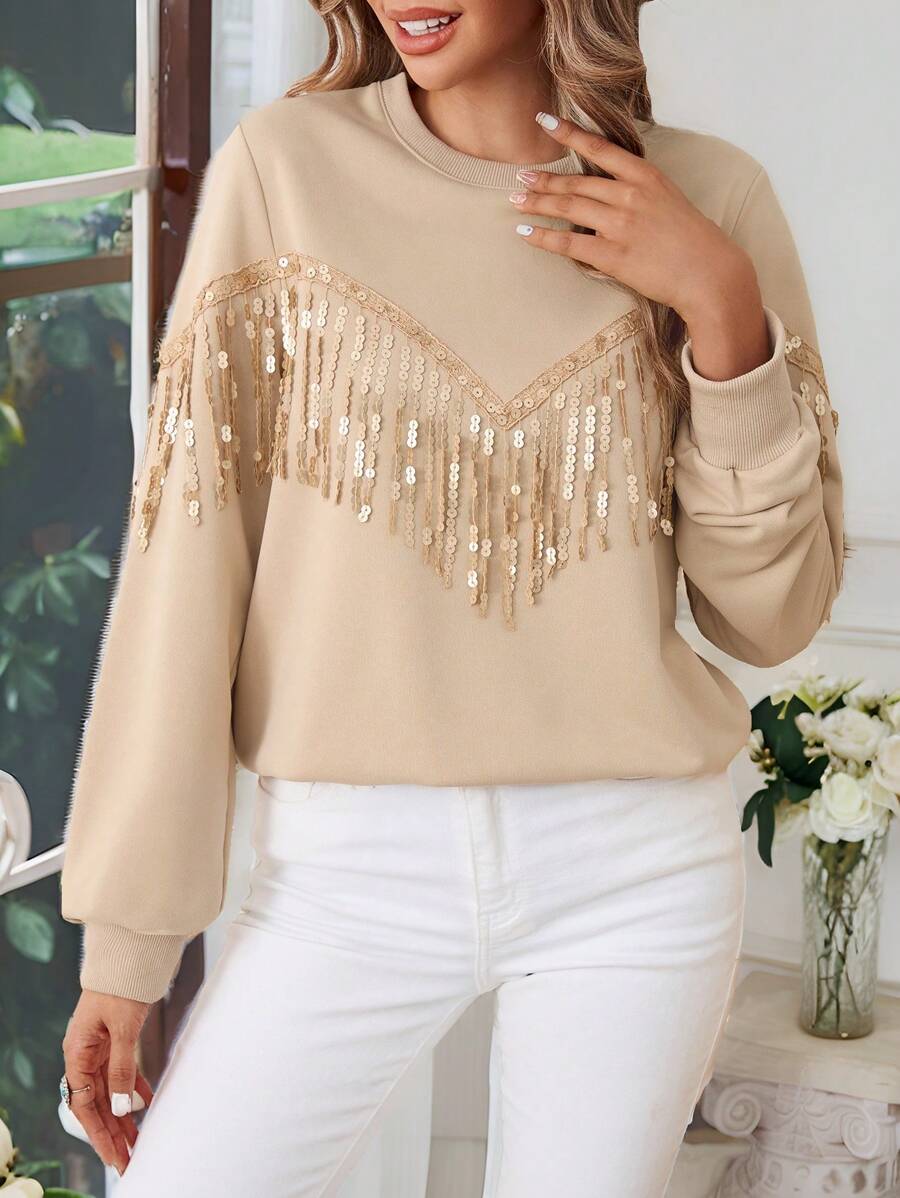 SHEIN VCAY Women's Round Neck Patchwork Fringe Casual Sweatshirt, Autumn Winter
