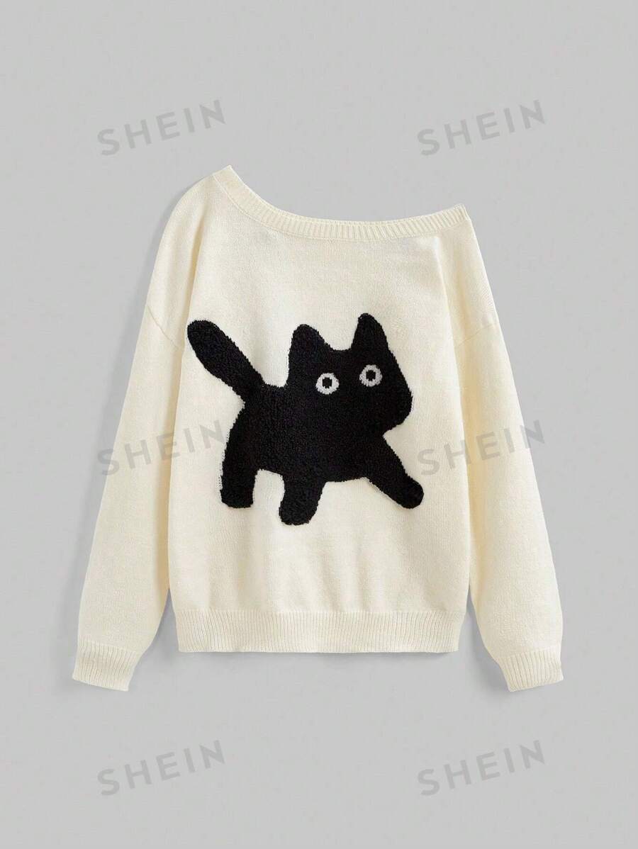 ROMWE Kawaii Suéter holgado de punto con manga larga y bordado de gato lindo, estilo casual e inocente para adolescentes