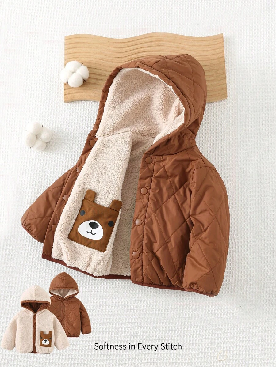 Cozy Pixies Omkeerbare Cartoon Bear Ear Hoodie Dikke Thermische Gevoerde Buitenkleding Voor Babyjongen