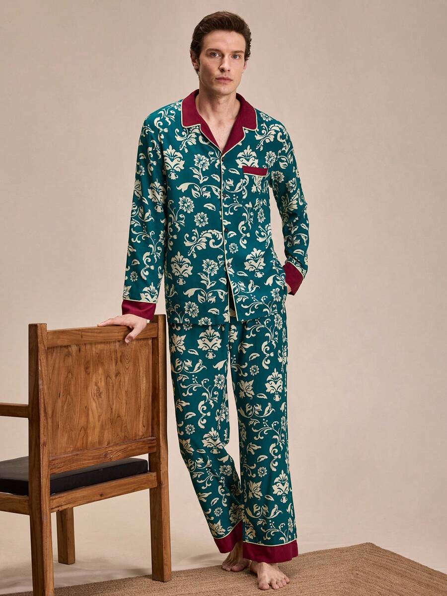 SHEIN EverLounge Ensemble de pyjama avec chemise à manches longues et pantalon, col à revers, imprimé floral, à simple boutonnage, pour homme