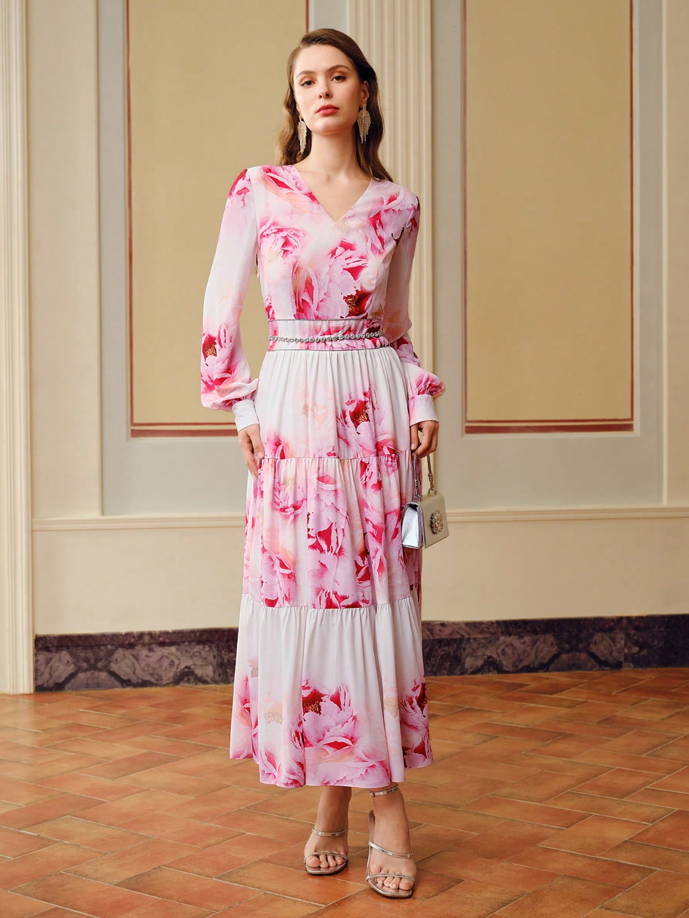 ZEYLAH FLORAL PRINT LANTERN SLEEVE TIERED HEM DRESS WITHOUT