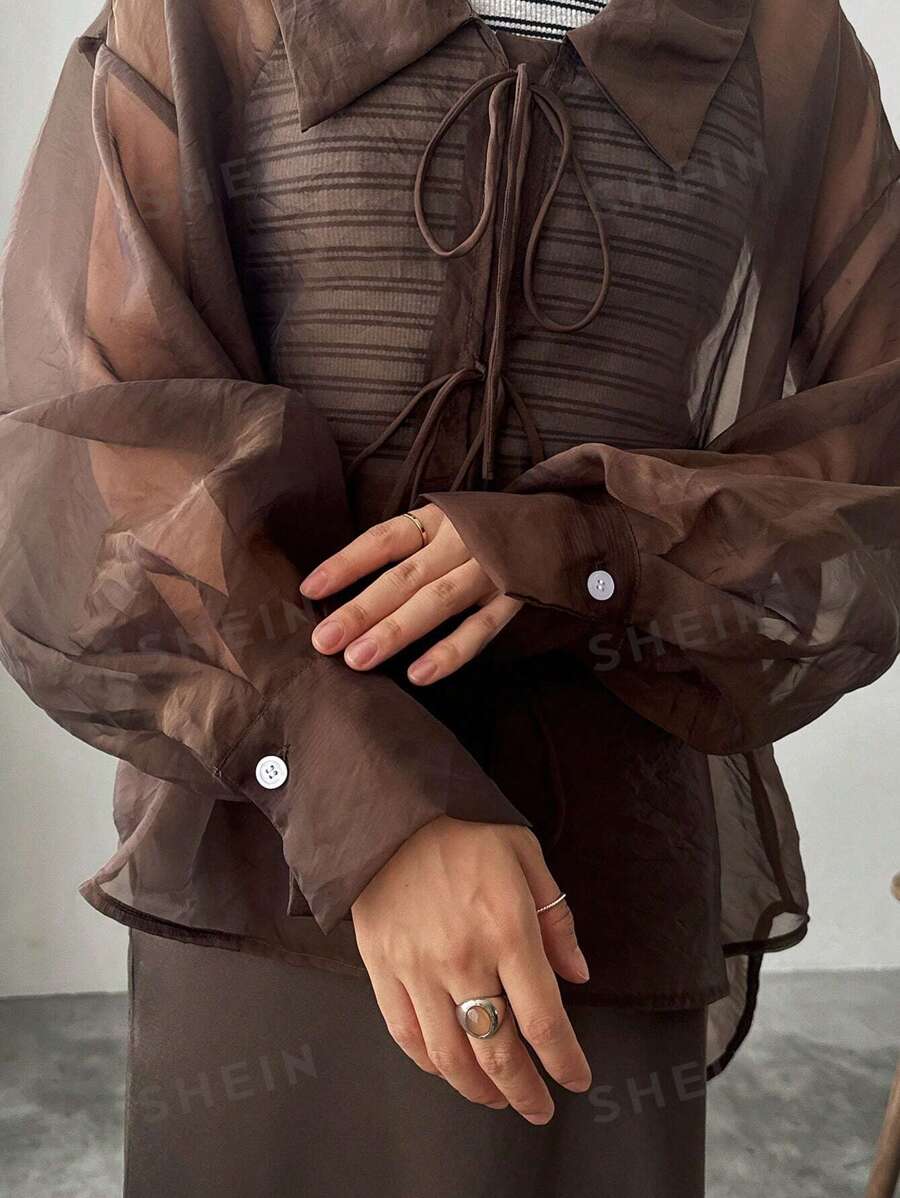FRIFUL Blusa casual de manga larga con nudo delantero de unicolor, ropa de otoño para mujer