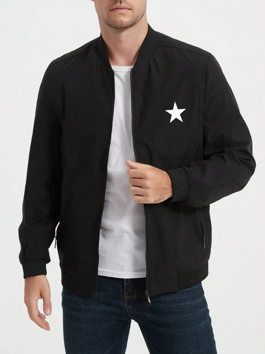 Manfinity Homme Chaqueta bomber de manga larga casual holgada con estampado de pentágono para hombres, ropa de otoño e invierno para hombres, chaqueta abrigada