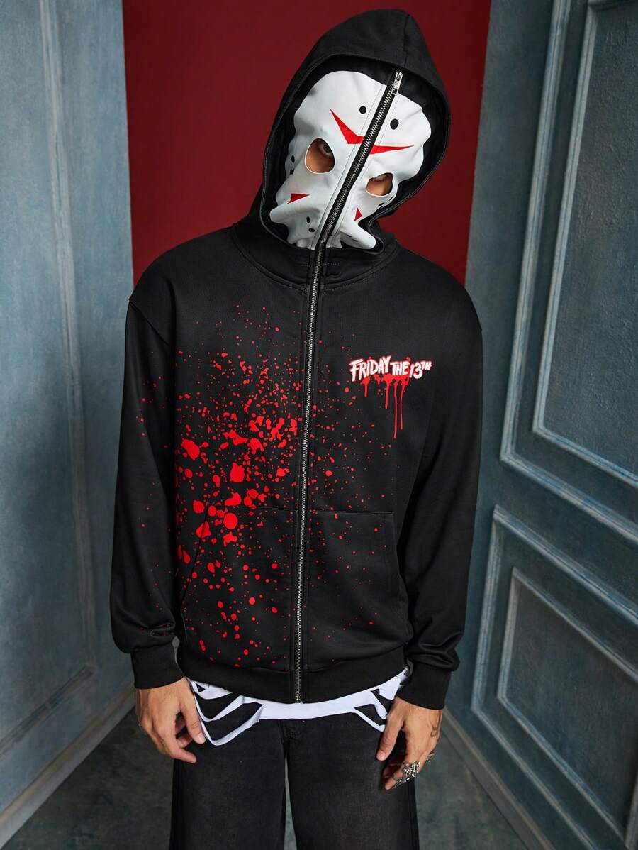 WB Horror X SHEIN Sudadera con capucha casual suelta para hombres con estampado de salpicaduras y máscara tipo Jason