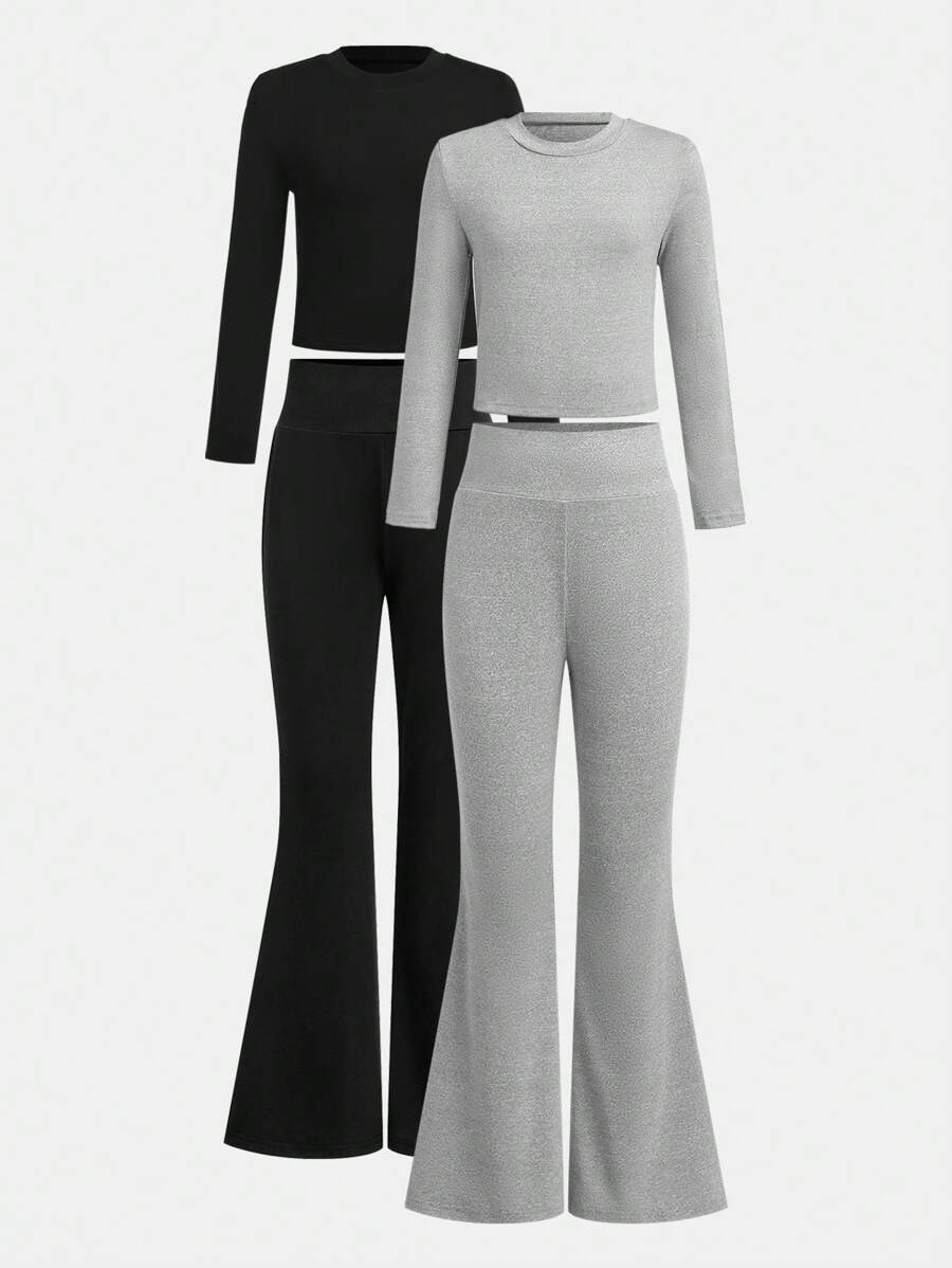 2sets Tween Girl Basic Grey & Black Long Sleeve Knit Top & High Waist Flare Knit Pants Sets