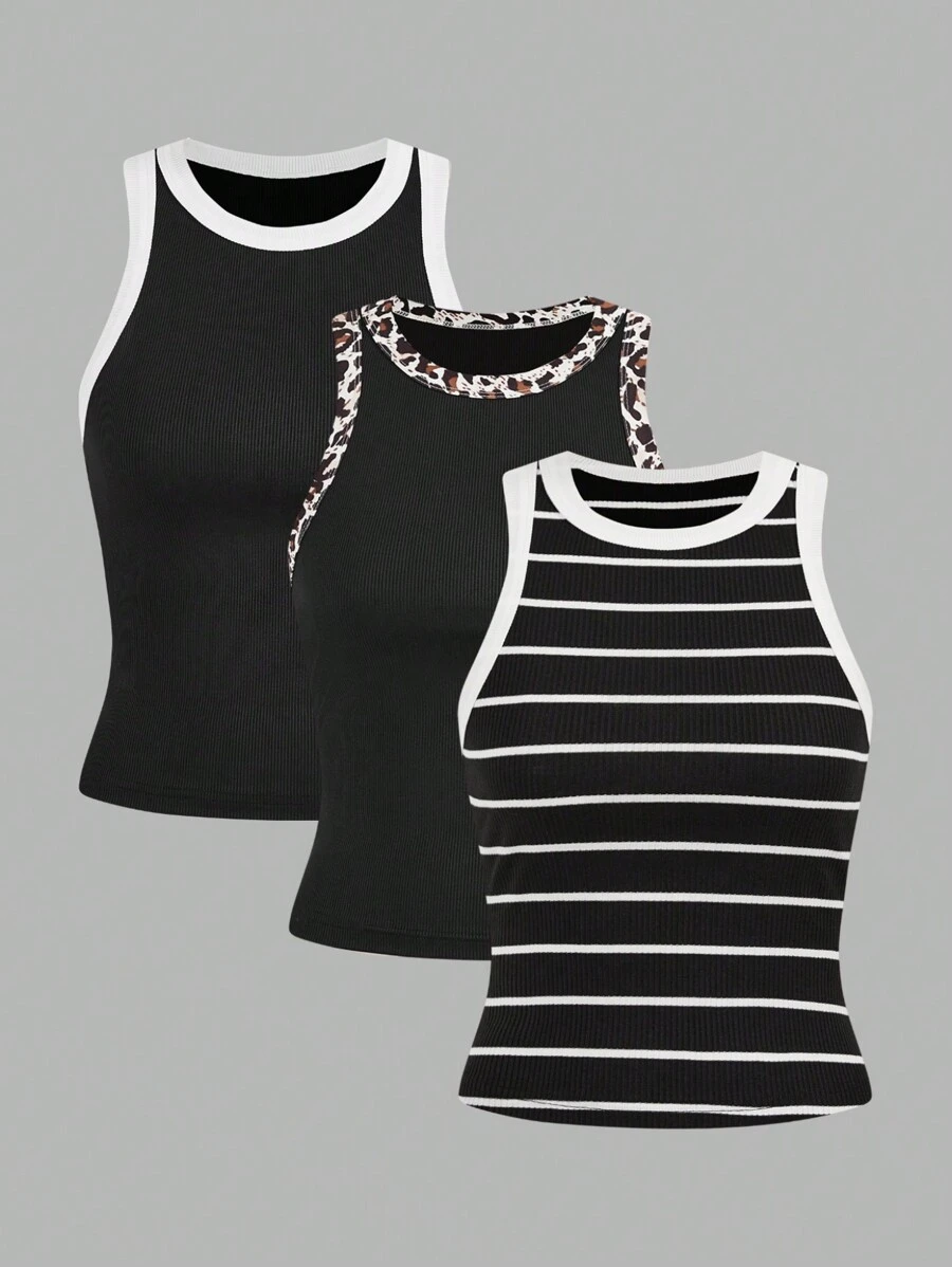 SHEIN LUNE 3pcs/Set Contrast Trim Scoop Neck Tank Tops Sports Outdoor Casual Tank Top For Women
