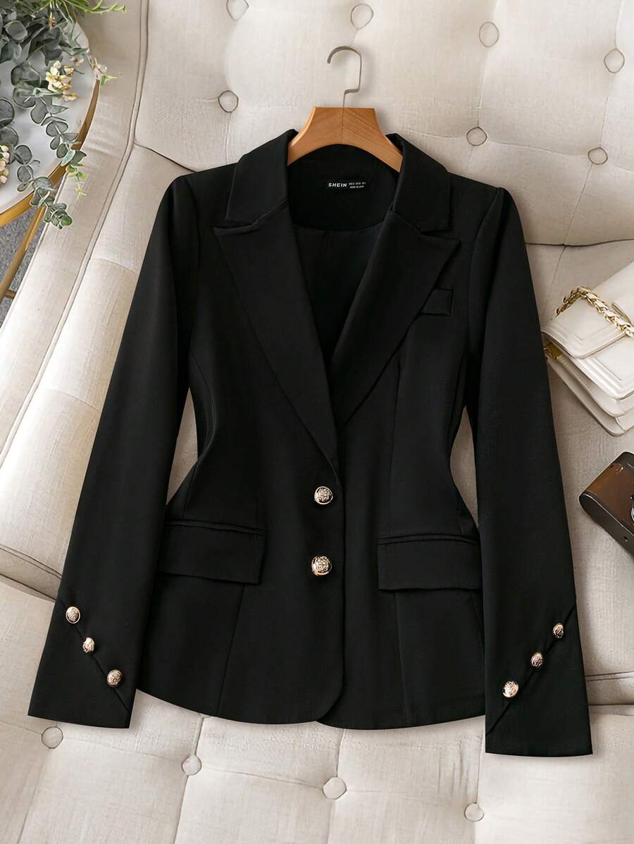 SHEIN Clasi Women's Solid Color Notch Lapel Front Button Long Sleeve Minimalist Casual Blazer