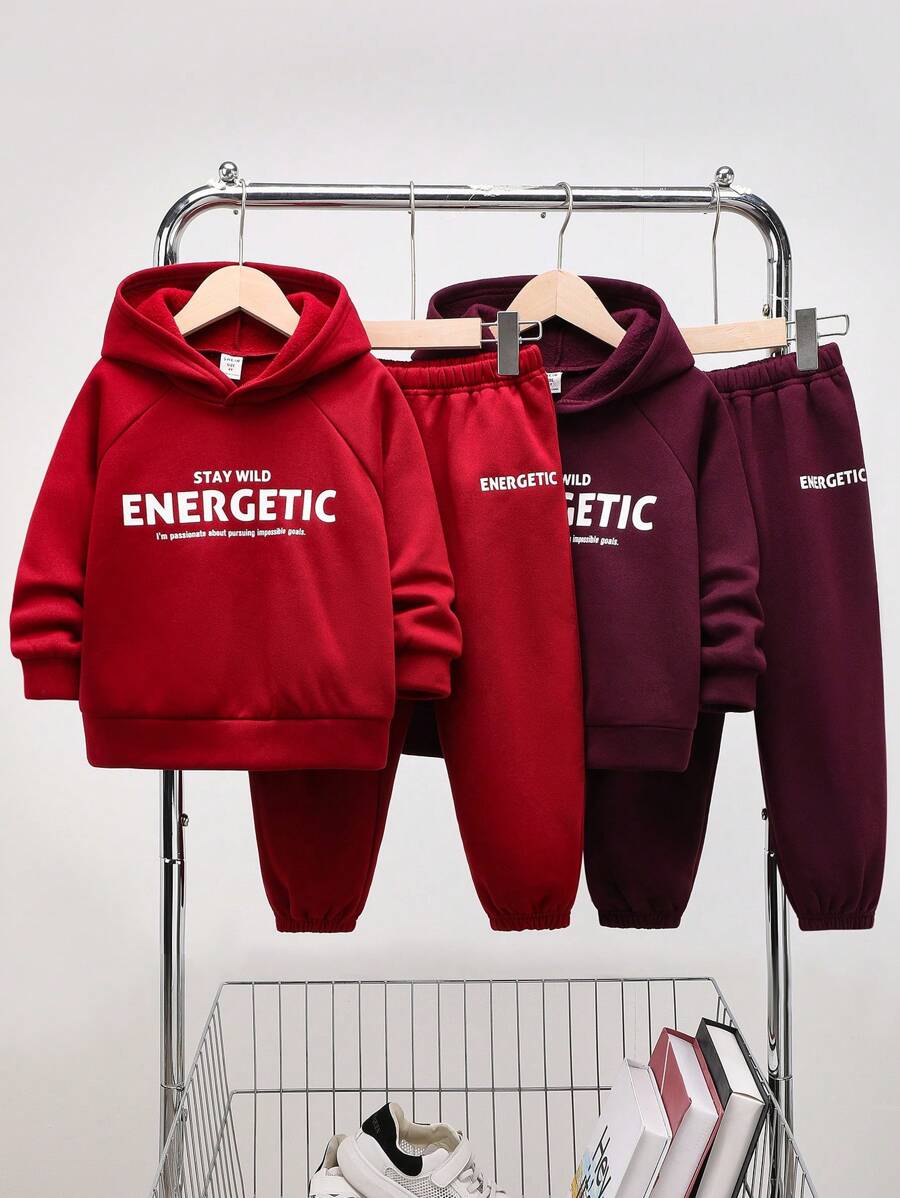 SHEIN 4pcs Young Boys Casual Minimalist Letter Printed Warm Thermal Lined Hoodie & Sweatpants Set, Suitable For Commuting, School, Daily, Sports, Autumn/Winter