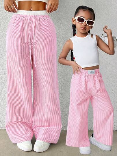 SHEIN Young Girl  Casual Striped Plaid  Letter Patched Detail Wide-Leg Straight Pants,Mom And Daughter Matching,Preppy,Great For Casual & Daily Wear & School Daily In Summer & Autumn