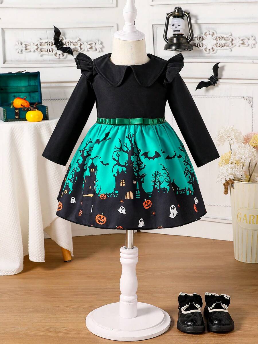 Infant Girls' Cute & Elegant Black-Green Halloween Horror Pattern Cap Sleeve Waistband Bow Swing Dress, Winter
