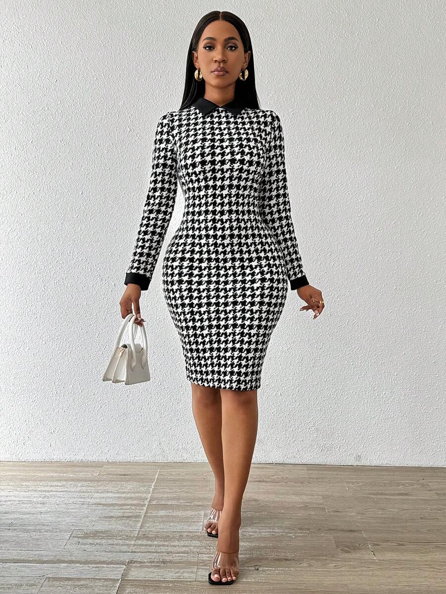 SHEIN Lady Spring And Summer Office Dress Dresses Casual Elegant Work
Houndstooth Bodycon Dress Shirt Collar Tweed
Women Dresses