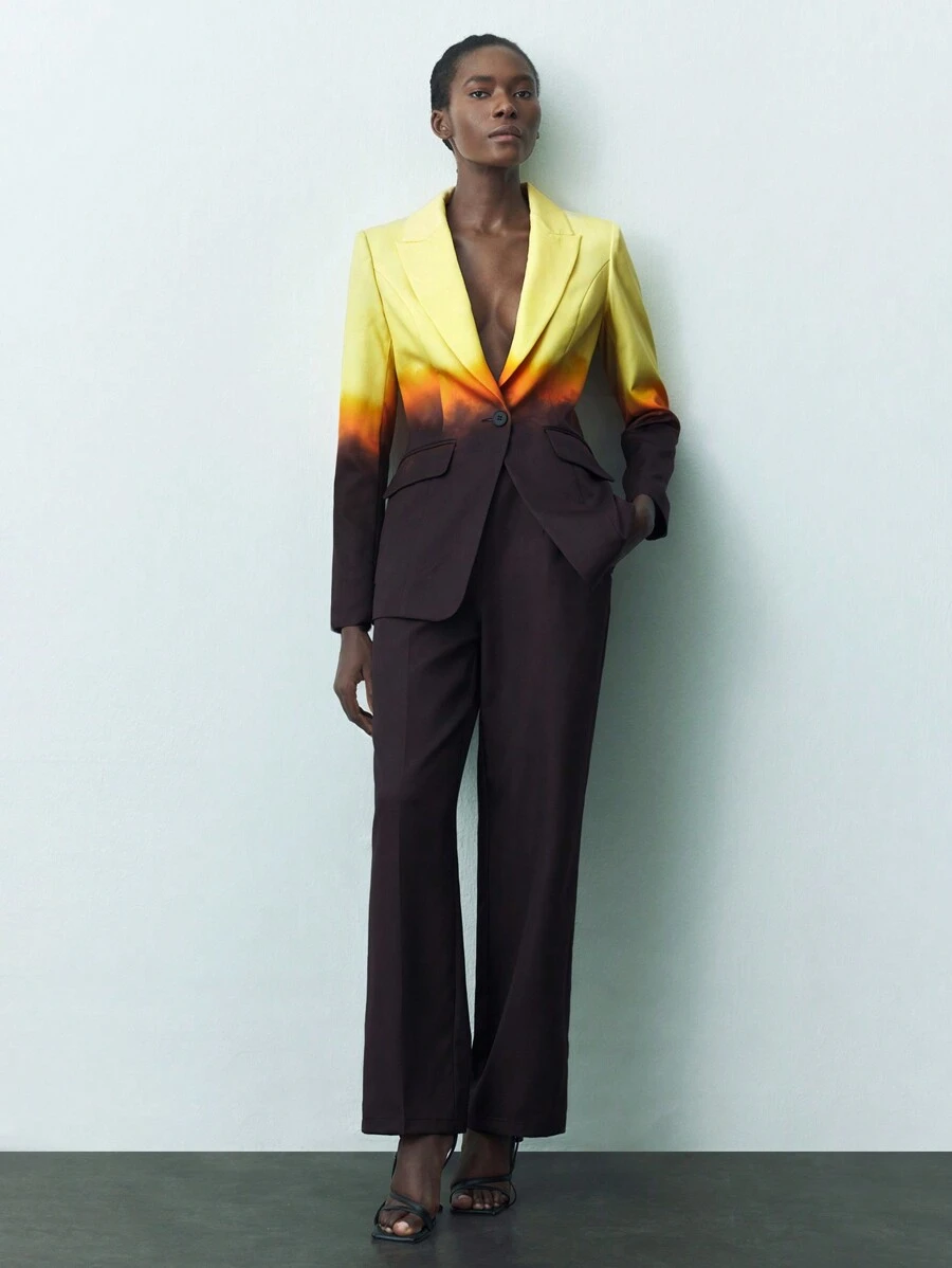 Maija Women's Ombre Yellow Brown Coffee Color Lapel Collar Long Sleeve Slim Fitted Blazer And Straight Leg Pants Casual Suit Set For Autumn Winter