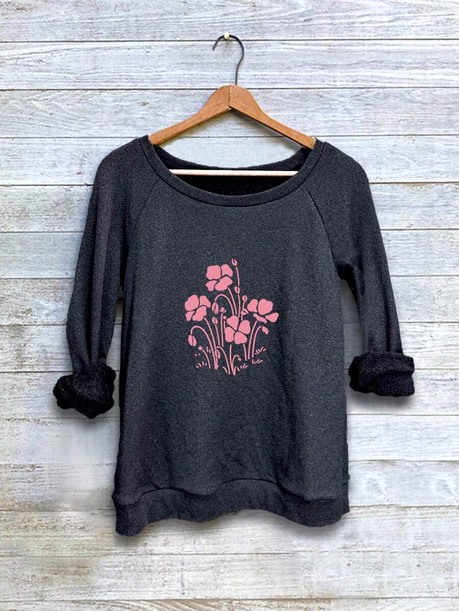 SHEIN LUNE Women's Casual Floral Print Long Sleeve Pullover Fleece T-Shirt, Loose Fit For Fall/Winter