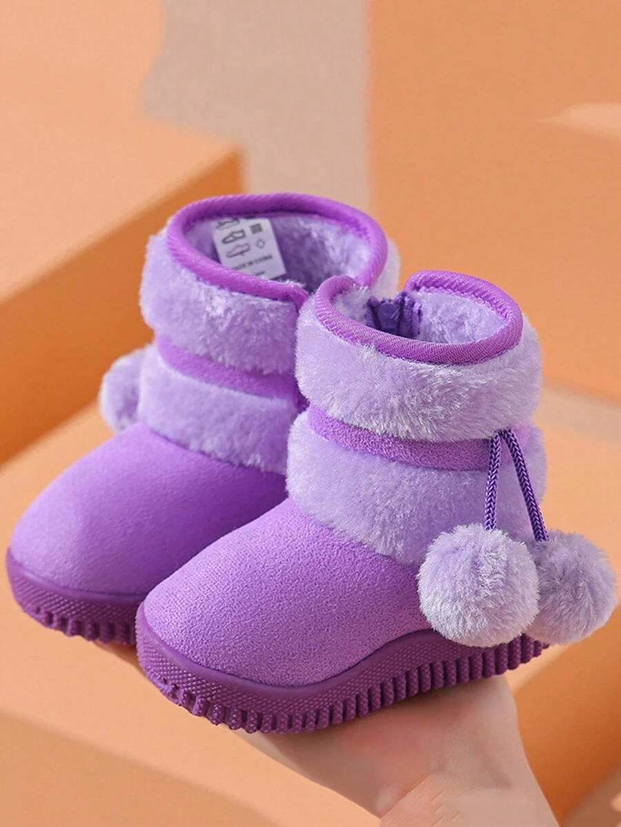 1 Pair Girls Furry Ball Snow Boots, Thermal Lined , Thick And Warm Boots, Suitable For Winter