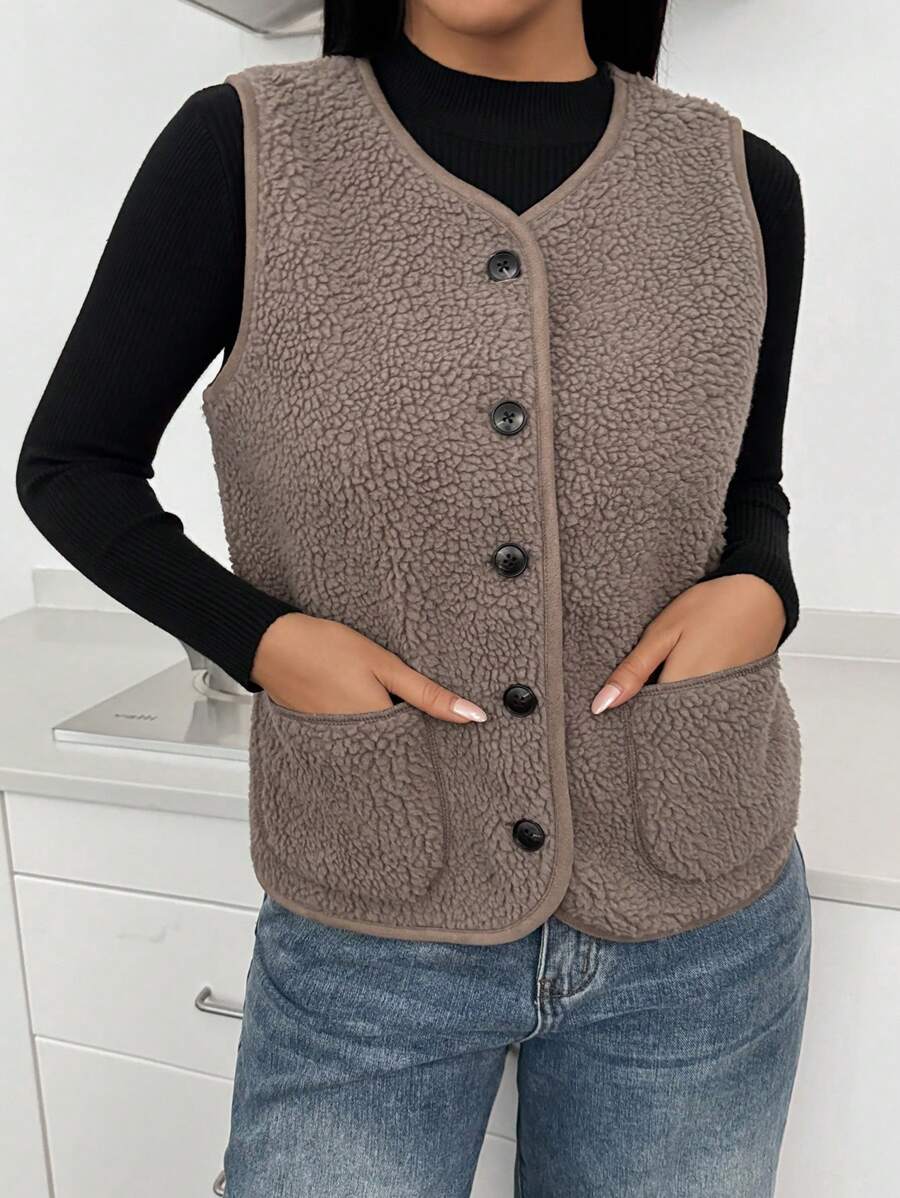 SHEIN Essnce Ladies' Casual Fashion Plush To Keep Warm All-Match Mocha Brown Button V-Neck Sleeveless With Pocket Jacket