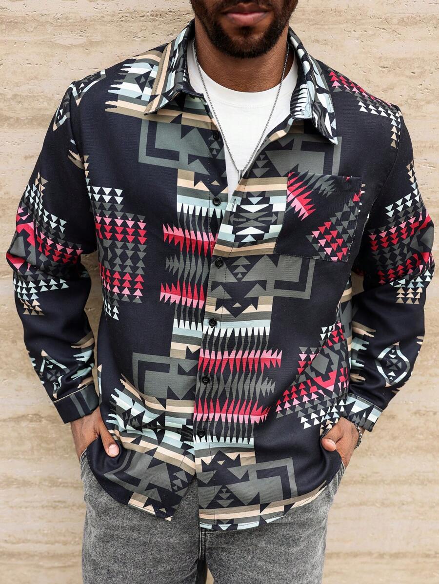 Manfinity Homme Men's Button-Up Long Sleeve Fashion Allover Print Casual Jacket