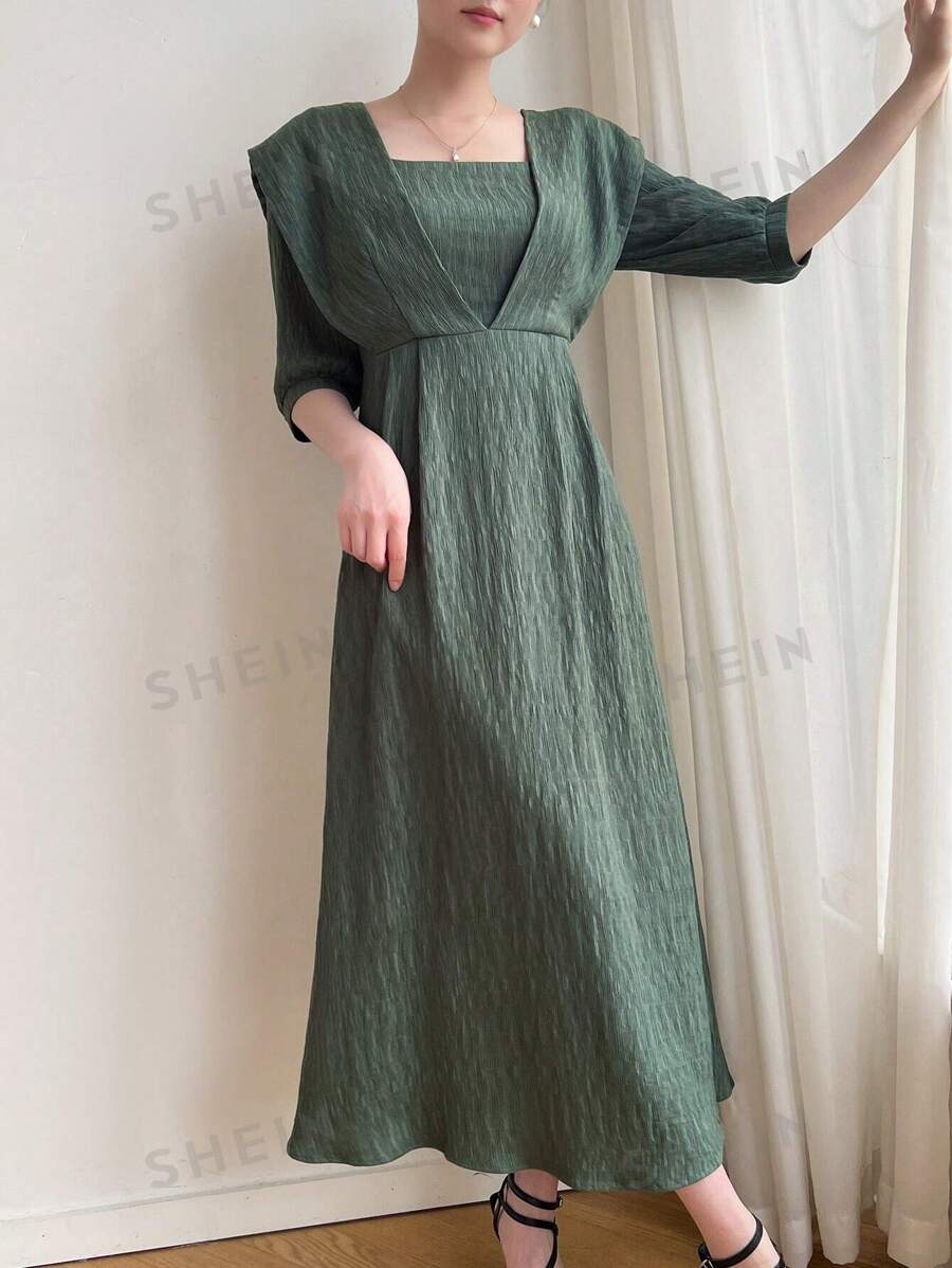 Mulvari Vestido informal largo de mangas medianas y cuello redondo de color liso para mujer
