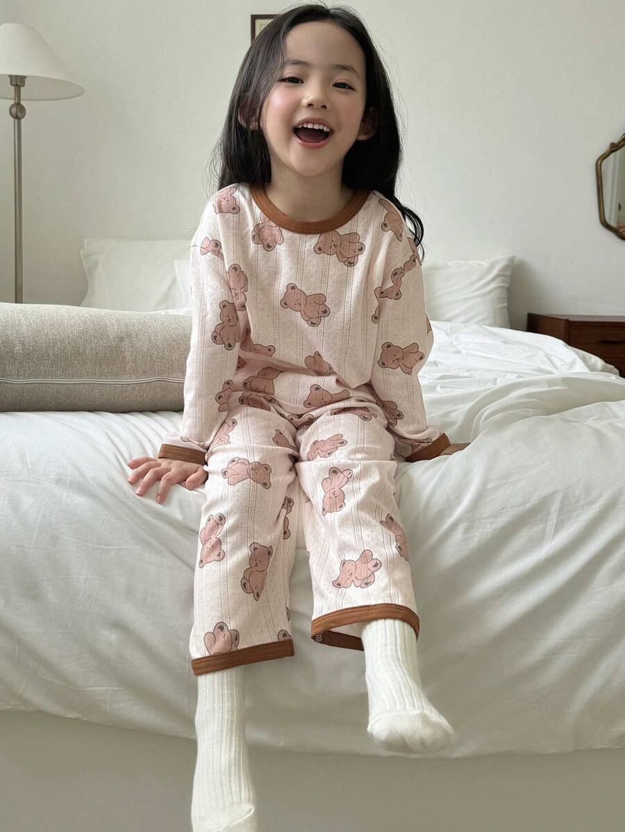 DAZY 2 peças de blusa e calça de manga comprida com estampa de urso de desenho animado para meninas jovens, roupa casual, primavera outono