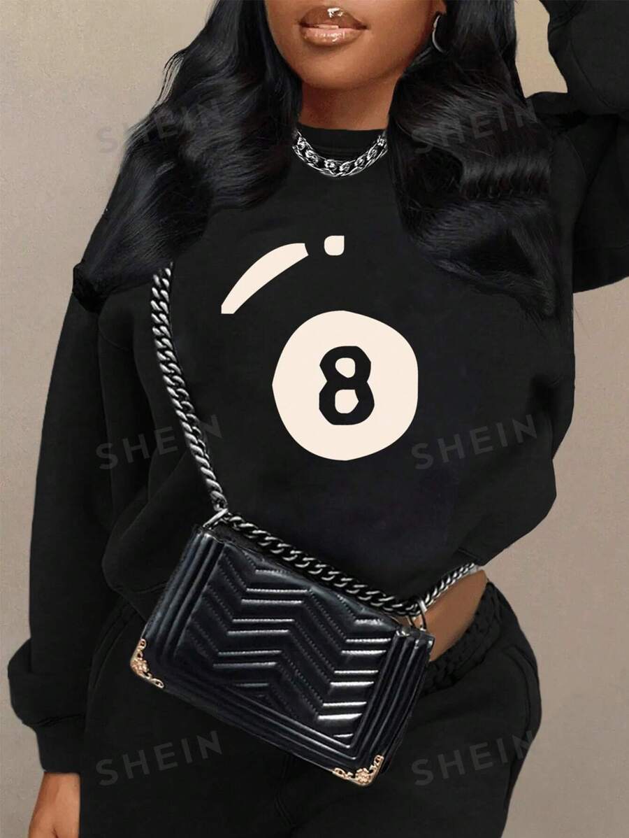SHEIN Jersey de forro polar con estampado numérico casual para mujer, manga larga, para otoño/invierno