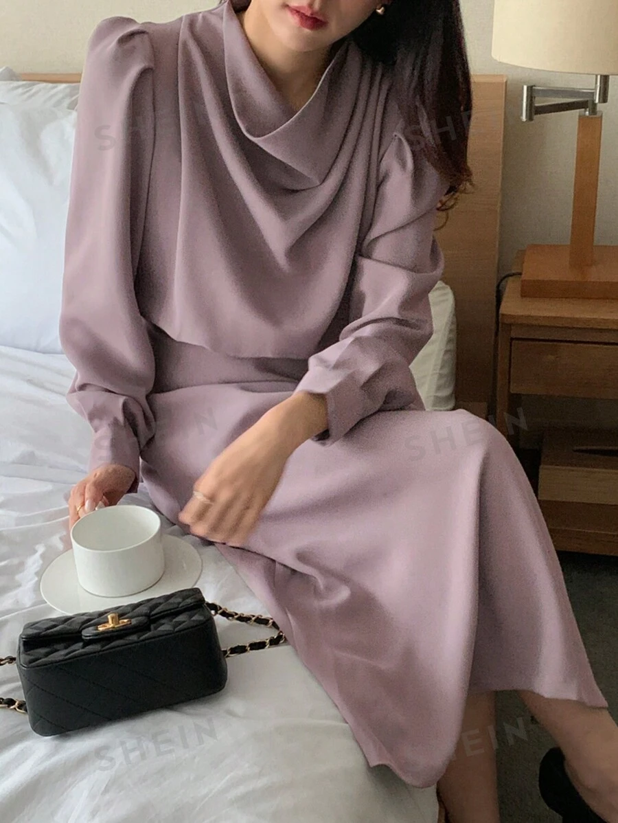 DAZY Vestido de mujer de unicolor con cintura ceñida y hombros caídos, ropa de mujer de otoño