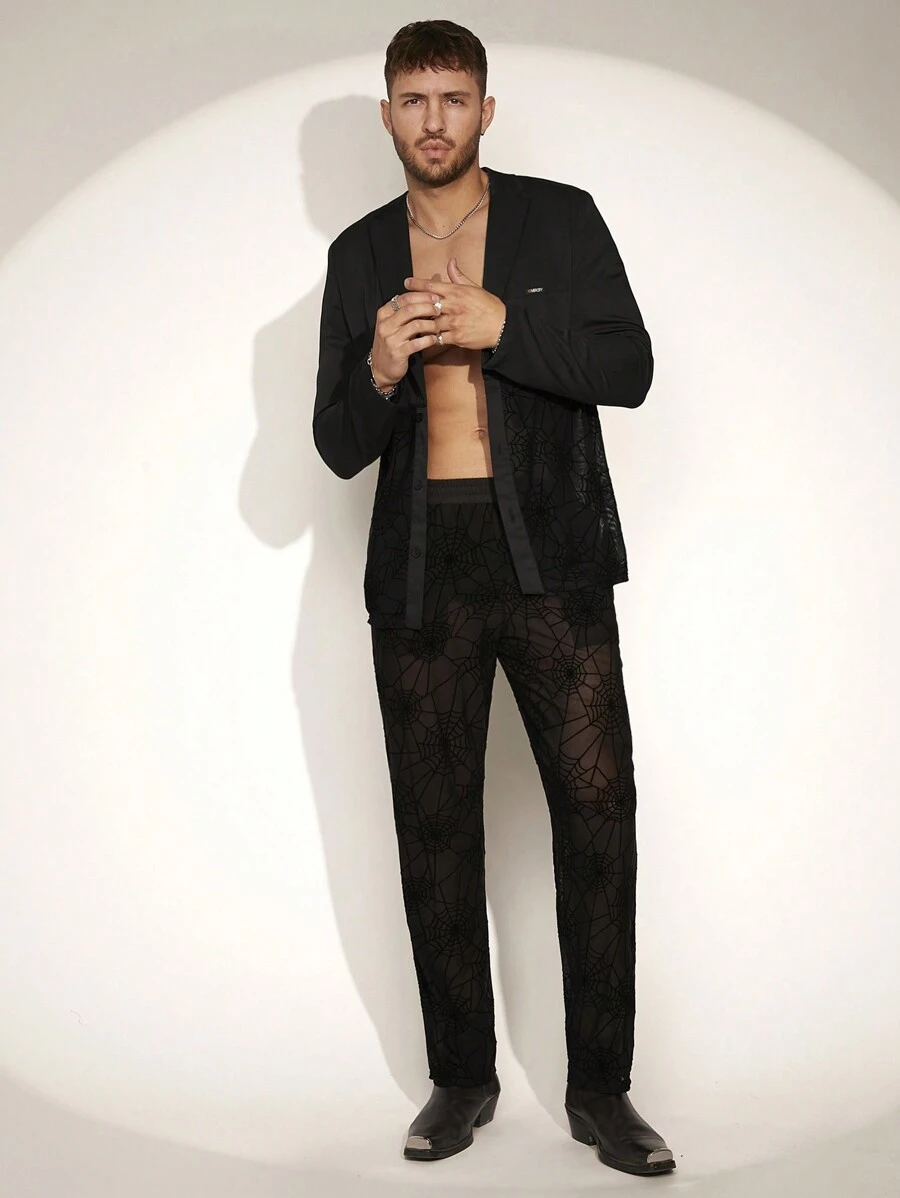 FeverCity Men's Patchwork Spider Web Flocked Jacket And Pants Suit