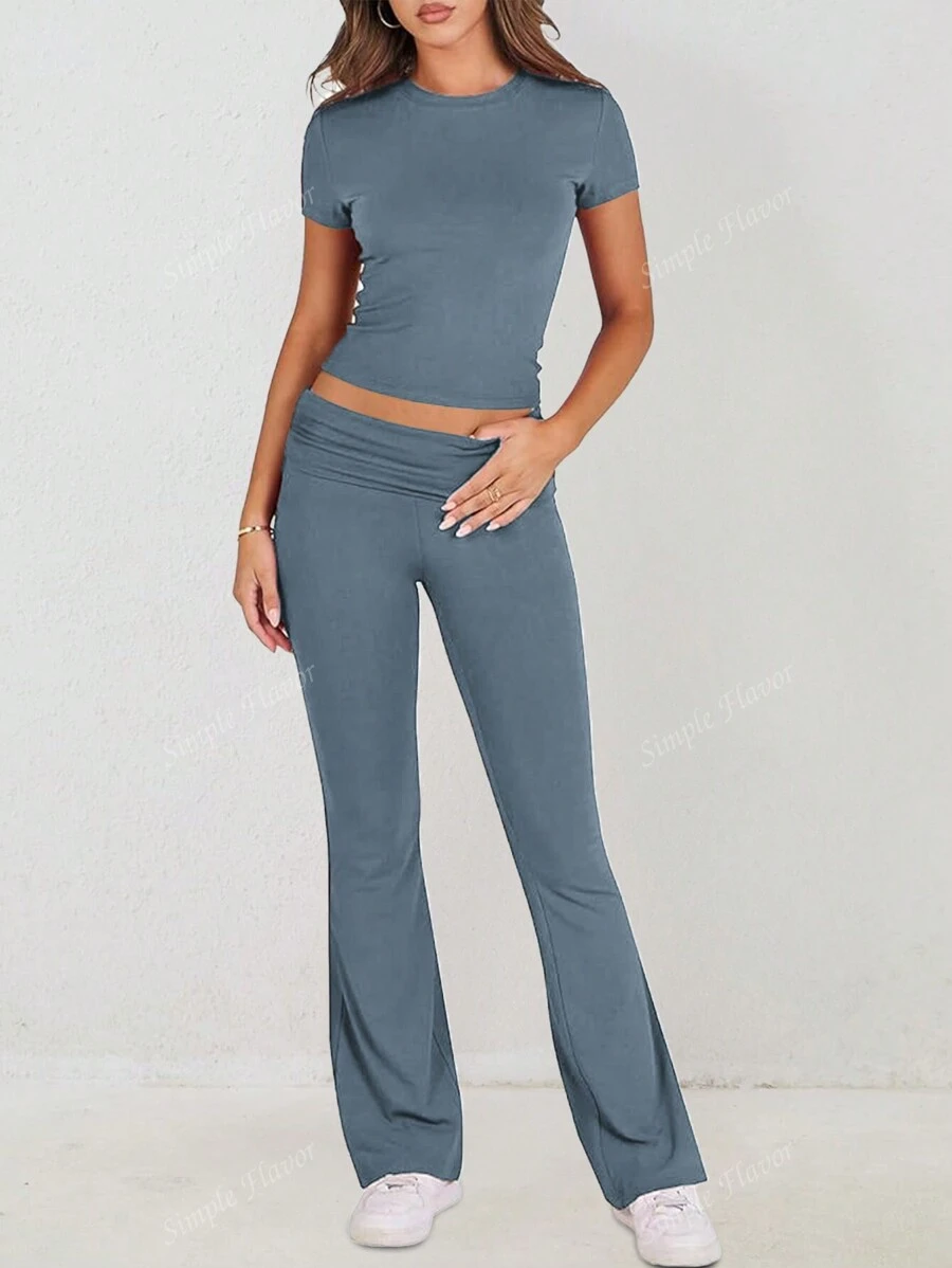 2pcs/Set Women Summer Solid Color Round Neck Short Sleeve Fitted T-Shirt And High Waist Ruffle Flared Pants, Athleisure Set