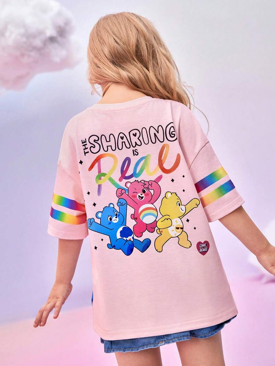 SHEIN X Care Bears Camiseta de manga corta holgada con estampado degradado de oso de dibujos animados y arcoíris, diseño joven y casual para niña, ideal para verano, vacaciones, Año Nuevo, Acción de Gracias