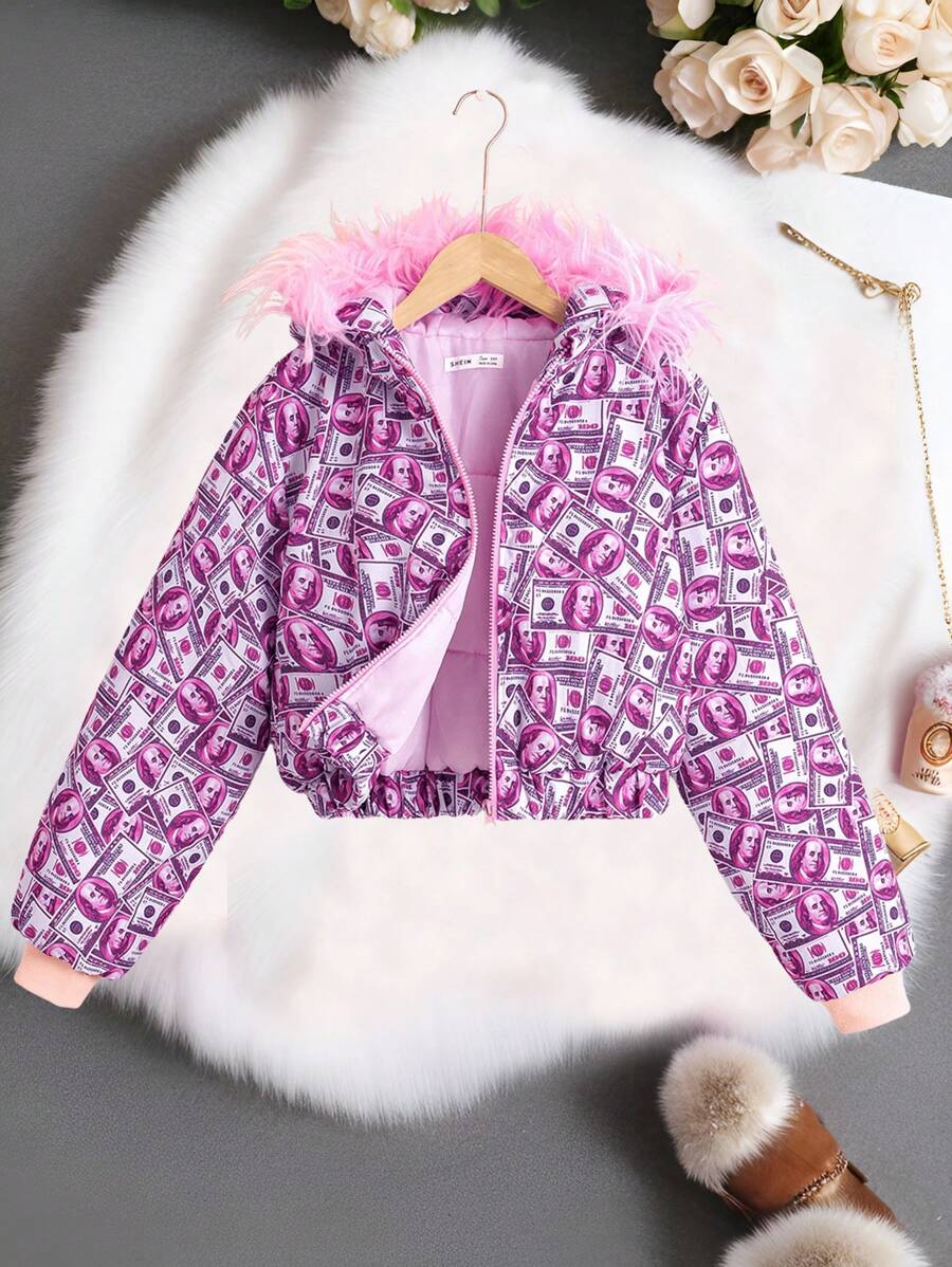 Tienermeisjes Casual Bont Capuchon Korte Allover Print Gewatteerde Jas