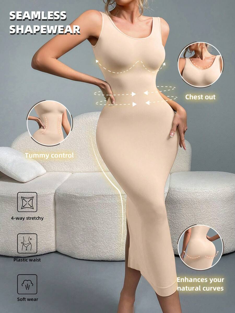 Women Solid Color Crew Neck Long Fitted Bodycon Dress, Sleeveless