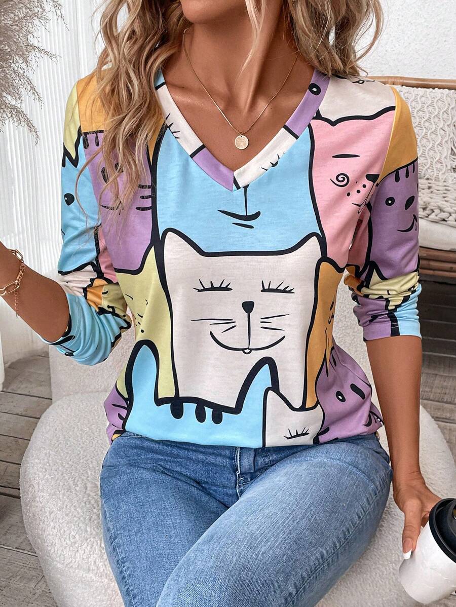 EMERY ROSE Camiseta de punto con cuello en V con estampado de gato lindo para mujeres, multicolor
