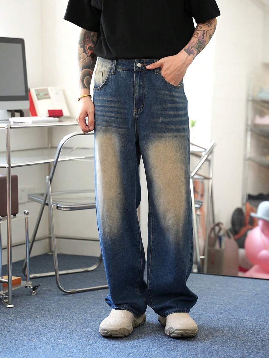 Manfinity Hypemode Men's Dark Blue Washed Loose Wide Leg Casual Business Jeans