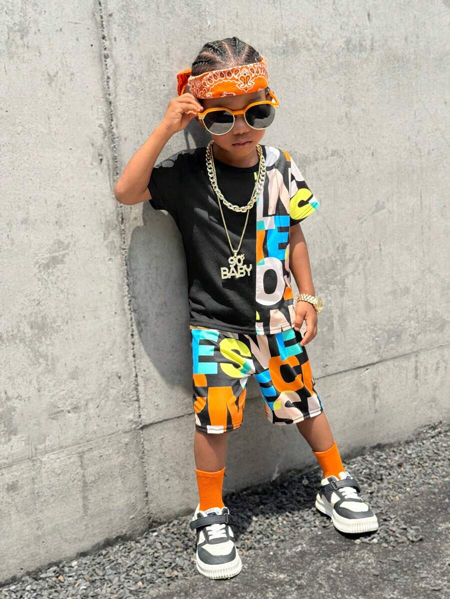 SHEIN 2pcs/Set Casual Sports "Young Boy" Letter Print T-Shirt And Shorts