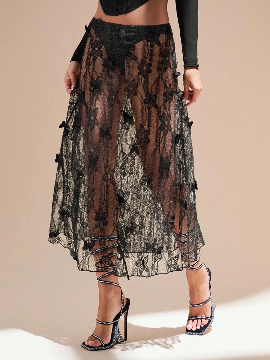 Glamine Women Lace Mesh Butterfly Decorated See-Through Skirt, Casual Summer