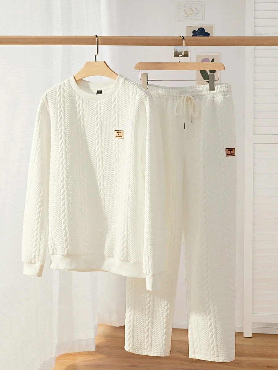 Manfinity VCAY 2 piezas Conjunto de sudadera casual diaria de punto y pantalón recto con cordón en la cintura para hombres jóvenes, ajuste holgado