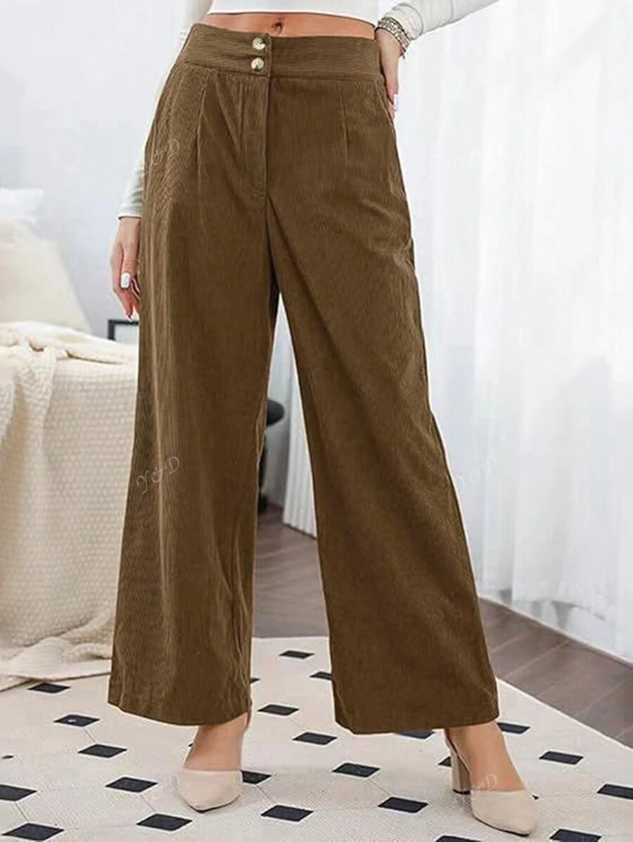 Women's Autumn Winter EU/US Style New Corduroy Double-Breasted Elastic Casual Pants