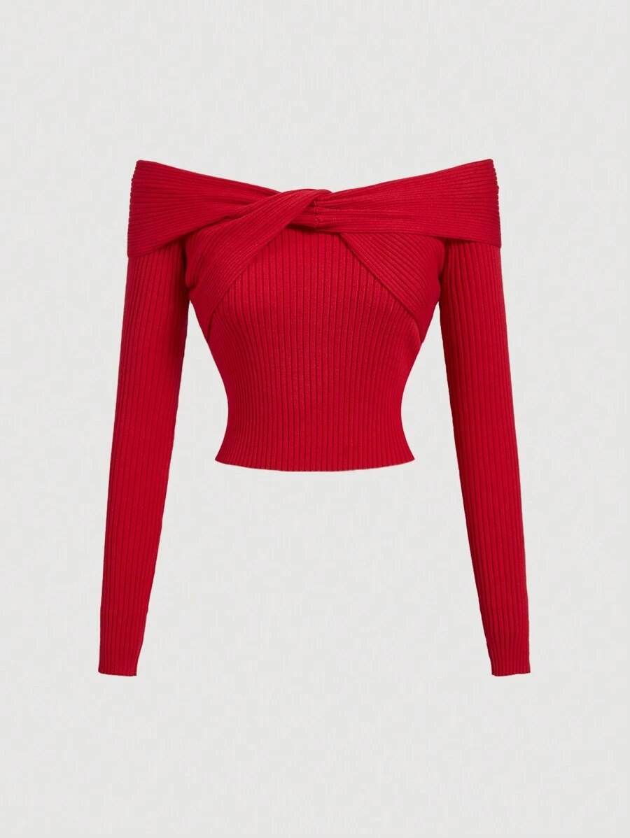SHEIN MOD Red Off-The-Shoulder Crossover Twist Long Sleeve Sweater,Homecoming Tops,Airport Women Outfits,Halloween Outfits,Cat Woman Costume,Fall Clothes,Cocktail Party