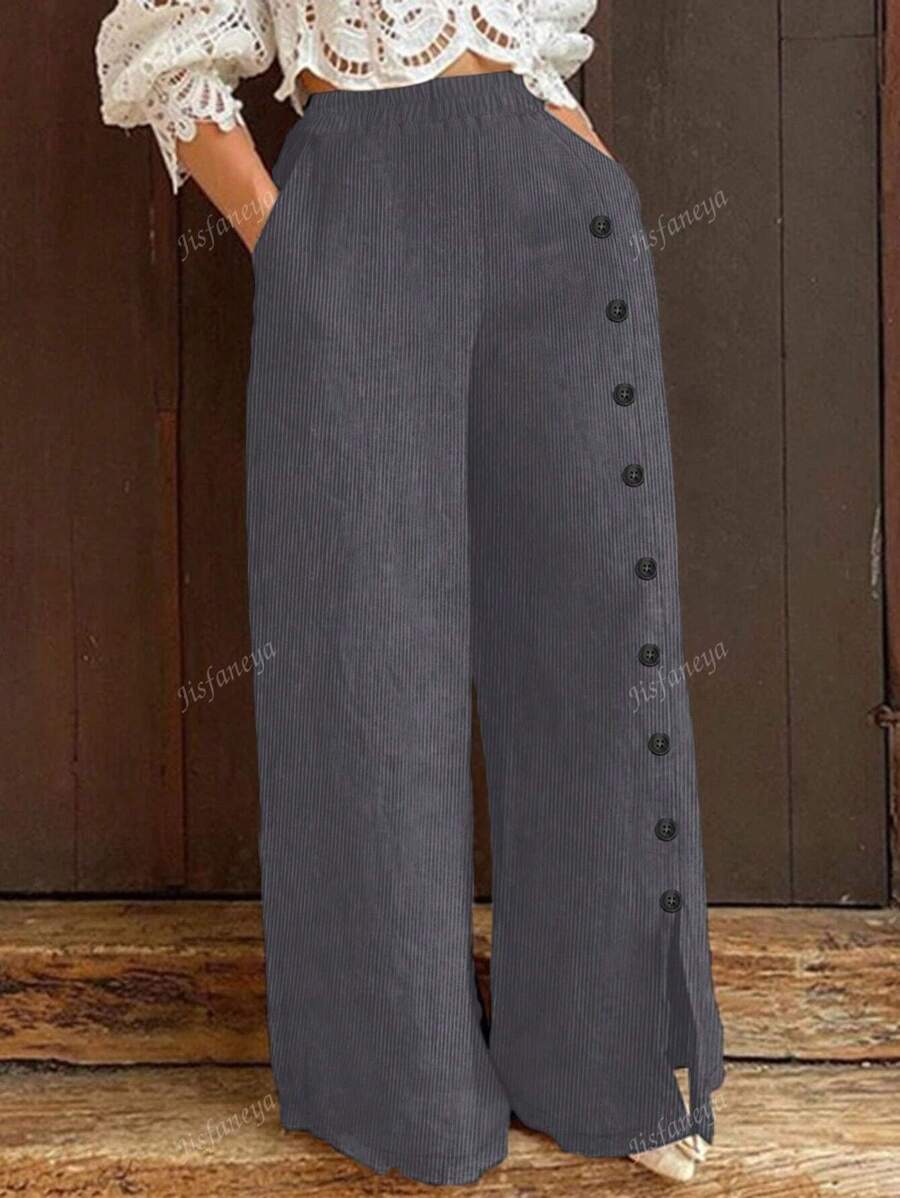 Spodnie damskie Plus Size z gładkiego sztruksu z kieszeniami na guziki, casualowe na jesień i zimę